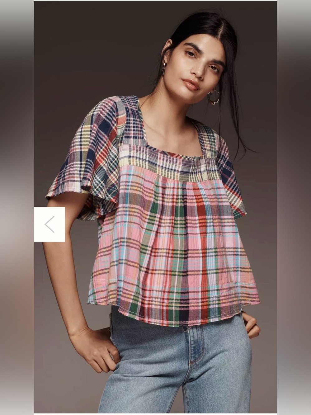 Anthropologie Pilcro Mixed Madras Plaid Flutter Sleeve Blouse Top Medium Preppy